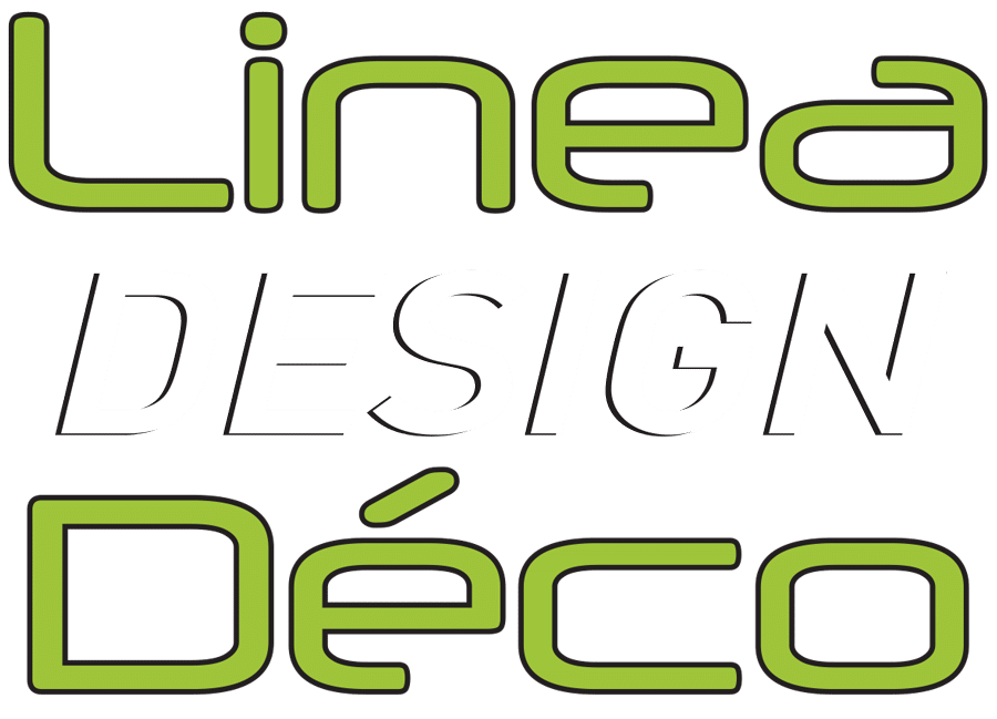 Texte stylisé avec les mots "Linea DESIGN Déco" en vert et blanc, sur fond transparent. Design moderne et épuré.