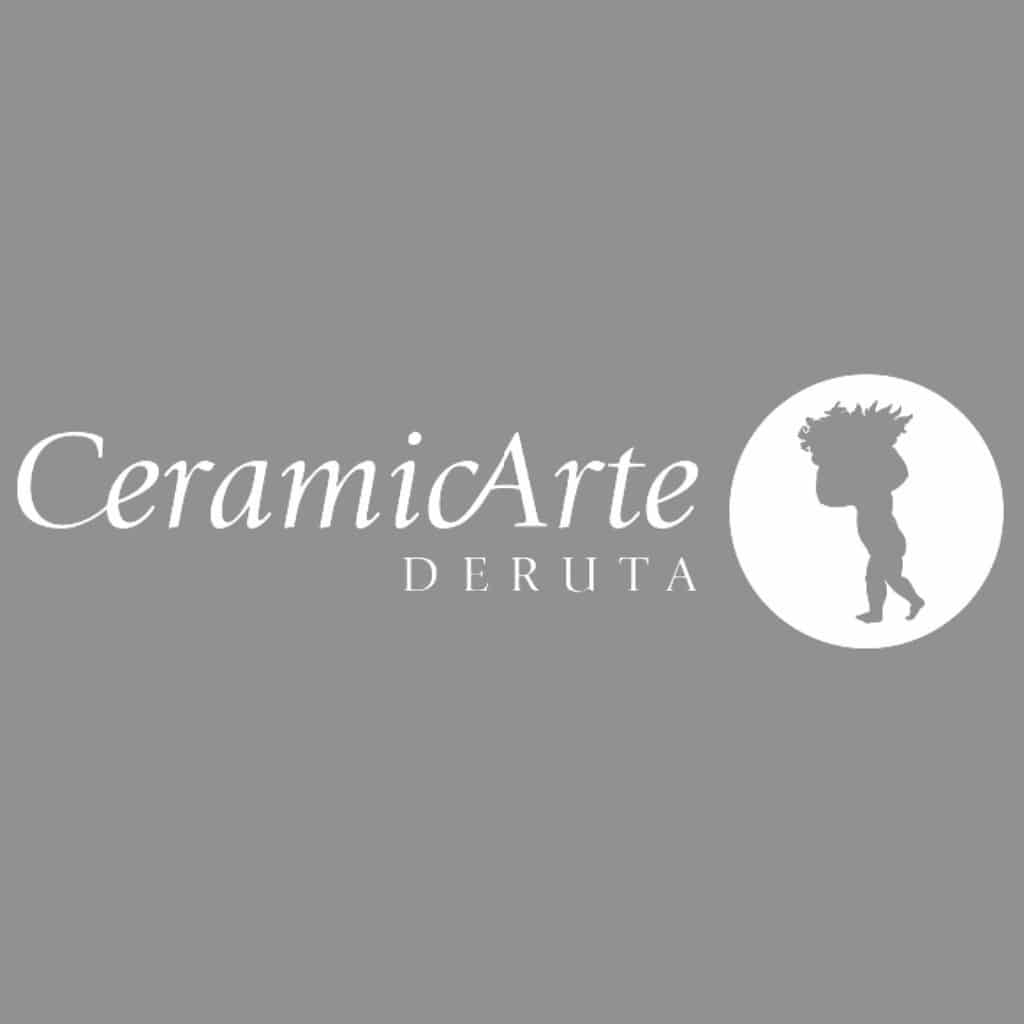 Logo sur fond gris avec le texte "CeramicArte Deruta" et une silhouette de personne portant un panier. Aucune architecture reconnaissable.