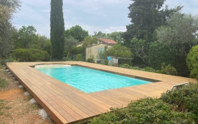 Terrasse en ipé autour d’une piscine déformée